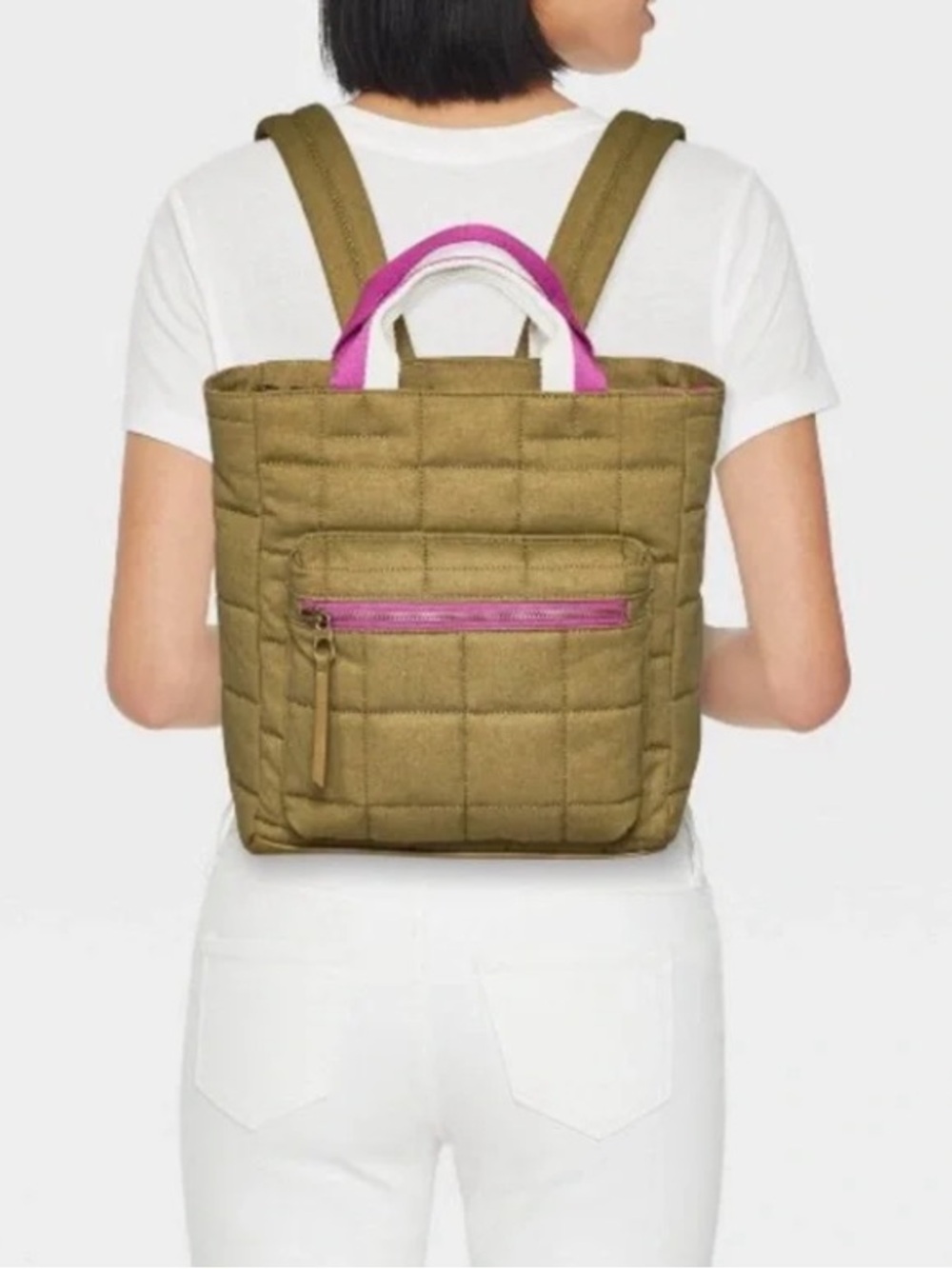 Universal Thread | Women’s Olive Green Quilted Backpack Pink/Cream Stripe Accent